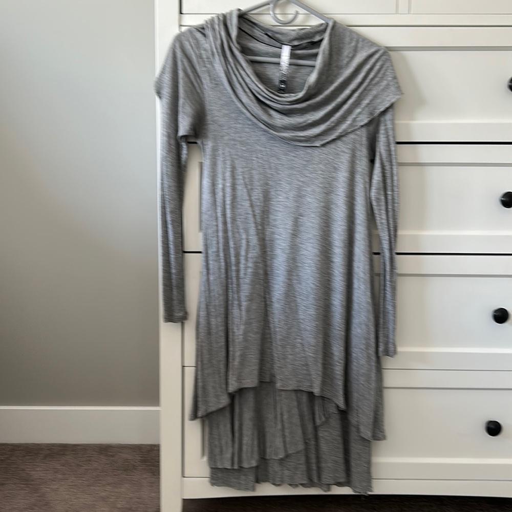Grey cowl neck cotton dress with layered bottom